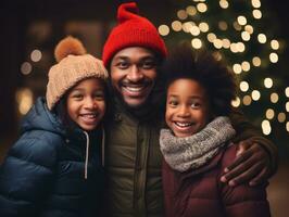 il africano americano famiglia gode festeggiare Natale vigilia insieme ai generativo foto