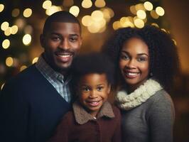 il africano americano famiglia gode festeggiare Natale vigilia insieme ai generativo foto