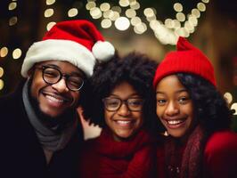 il africano americano famiglia gode festeggiare Natale vigilia insieme ai generativo foto