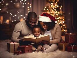 il africano americano famiglia gode festeggiare Natale vigilia insieme ai generativo foto