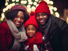 il africano americano famiglia gode festeggiare Natale vigilia insieme ai generativo foto