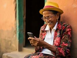 vecchio donna a partire dal Colombia utilizzando un' smartphone per in linea comunicazione ai generativo foto