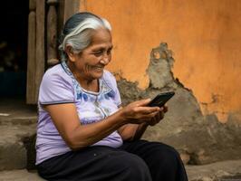 vecchio donna a partire dal Colombia utilizzando un' smartphone per in linea comunicazione ai generativo foto