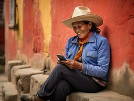 vecchio donna a partire dal Colombia utilizzando un' smartphone per in linea comunicazione ai generativo foto