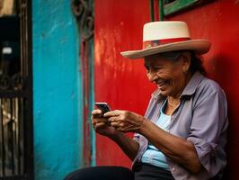 vecchio donna a partire dal Colombia utilizzando un' smartphone per in linea comunicazione ai generativo foto