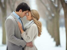 amorevole coppia è godendo un' romantico inverno giorno ai generativo foto