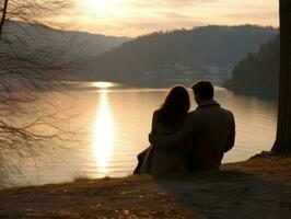 amorevole coppia è godendo un' romantico inverno giorno ai generativo foto