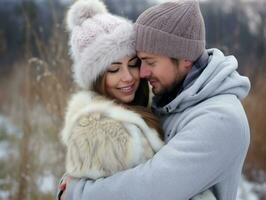 amorevole coppia è godendo un' romantico inverno giorno ai generativo foto