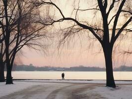 amorevole coppia è godendo un' romantico inverno giorno ai generativo foto