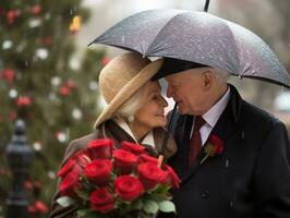 amorevole vecchio coppia è godendo un' romantico inverno giorno ai generativo foto