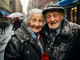amorevole vecchio coppia è godendo un' romantico inverno giorno ai generativo foto