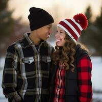 amorevole adolescenziale interrazziale coppia è godendo un' romantico inverno giorno ai generativo foto
