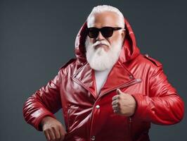 uomo vestito come Santa Claus nel giocoso posa su solido sfondo ai generativo foto