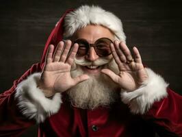 uomo vestito come Santa Claus nel giocoso posa su solido sfondo ai generativo foto