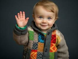 adorabile bambino con vivace capi di abbigliamento nel un' giocoso posa ai generativo foto