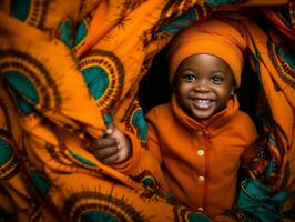 adorabile bambino con vivace capi di abbigliamento nel un' giocoso posa ai generativo foto