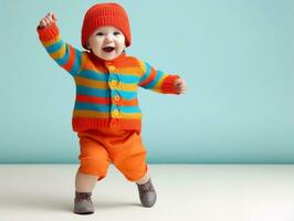 adorabile bambino con vivace capi di abbigliamento nel un' giocoso posa ai generativo foto
