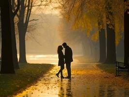 amorevole coppia è godendo un' romantico autunno giorno ai generativo foto