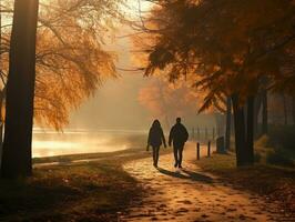 amorevole coppia è godendo un' romantico autunno giorno ai generativo foto