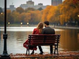 amorevole coppia è godendo un' romantico autunno giorno ai generativo foto