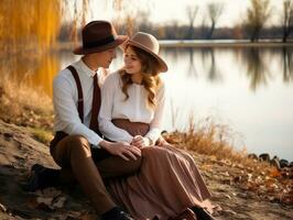 amorevole coppia è godendo un' romantico autunno giorno ai generativo foto