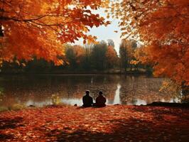 amorevole coppia è godendo un' romantico autunno giorno ai generativo foto