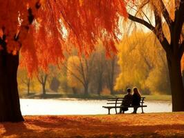 amorevole coppia è godendo un' romantico autunno giorno ai generativo foto