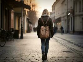 donna gode un' senza fretta camminare nel il cuore di il città ai generativo foto