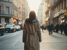 donna gode un' senza fretta camminare nel il cuore di il città ai generativo foto