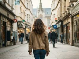 donna gode un' senza fretta camminare nel il cuore di il città ai generativo foto