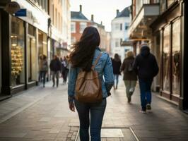 donna gode un' senza fretta camminare nel il cuore di il città ai generativo foto