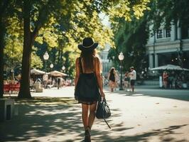 donna gode un' senza fretta camminare nel il cuore di il città ai generativo foto