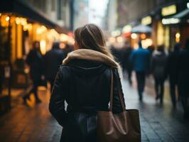 donna gode un' senza fretta camminare nel il cuore di il città ai generativo foto