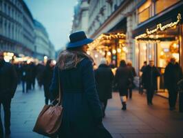 donna gode un' senza fretta camminare nel il cuore di il città ai generativo foto