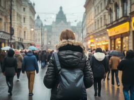 donna gode un' senza fretta camminare nel il cuore di il città ai generativo foto