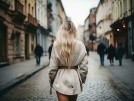 donna gode un' senza fretta camminare nel il cuore di il città ai generativo foto