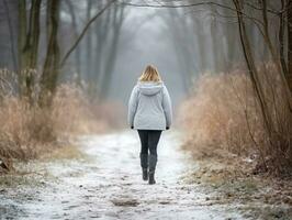 donna gode un' senza fretta camminare nel il inverno giorno ai generativo foto