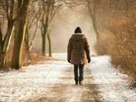 donna gode un' senza fretta camminare nel il inverno giorno ai generativo foto