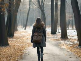 donna gode un' senza fretta camminare nel il inverno giorno ai generativo foto