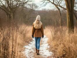 donna gode un' senza fretta camminare nel il inverno giorno ai generativo foto