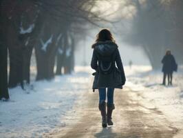 donna gode un' senza fretta camminare nel il inverno giorno ai generativo foto