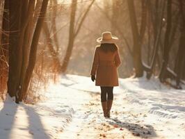 donna gode un' senza fretta camminare nel il inverno giorno ai generativo foto