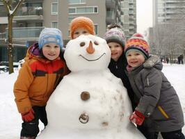 bambini edificio un' pupazzo di neve nel inverno giorno ai generativo foto