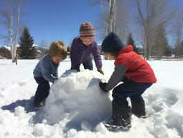 bambini edificio un' pupazzo di neve nel inverno giorno ai generativo foto