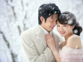 amorevole asiatico coppia è godendo un' romantico inverno giorno ai generativo foto