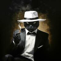 gatto nel il cappello fuma un' sigaretta. nero completo da uomo colori. generativo ai. foto