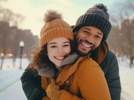 amorevole interrazziale coppia è godendo un' romantico inverno giorno ai generativo foto