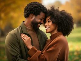 amorevole africano americano coppia è godendo un' romantico autunno giorno ai generativo foto