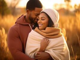 amorevole africano americano coppia è godendo un' romantico autunno giorno ai generativo foto