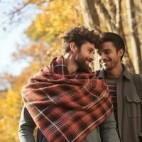 amorevole omosessuale coppia è godendo un' romantico autunno giorno ai generativo foto